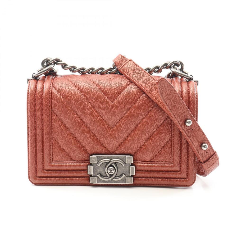 Chanel Boy Chevron V stitch Shoulder Bag Caviar Skin Grained Calfskin Brown